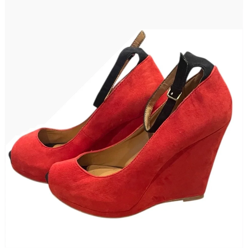 ZARA Collection Red Suede‎ Peep Toe Ankle Strap Wedge Heels Women Size 36
